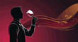 © Ramadeva1001 - Silhouette of a man sipping wine against a red background with elegant swirls