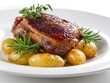 © Chamarn - Delicious roasted lamb chop served with roasted garlic potatoes and fresh herb garnishes on a white plate, gourmet food presentation perfect for dinner