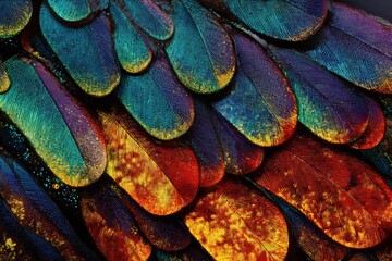 Wall Mural - Close-up of iridescent feathers showing blue green purple orange and red colors.