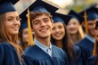 © btiger - group of young graduates wearing blue caps and gowns smiling happily during graduation ceremony outdoors
