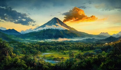 Wall Mural - Lush green forest landscape with a towering mountain under a dramatic sky at sunset with colorful clouds and soft light