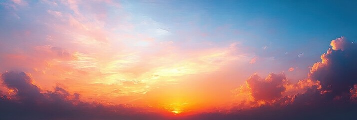 Wall Mural - Vivid dramatic sunset with bright orange sun, colorful clouds, and clear blue sky creating a peaceful and awe-inspiring atmosphere