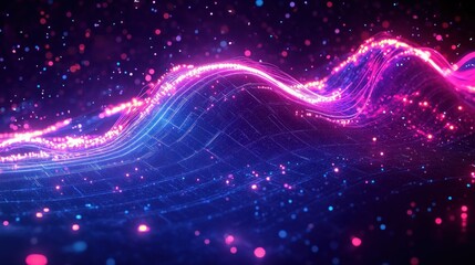 Abstract digital wave formed by glowing pink and blue particles and lines on a dark background conveying futuristic technology and dynamic energy