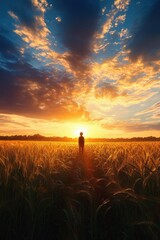 Wall Mural - Silhouette of a person standing in a golden wheat field during a vibrant sunset with dramatic clouds glowing in orange and blue hues