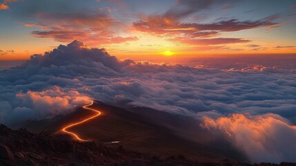 Wall Mural - Sunset over a mountain ridge with a winding lit path cutting through clouds and dramatic orange and purple sky