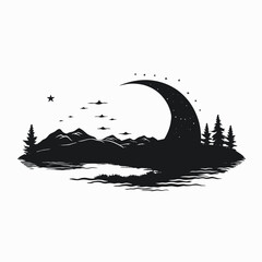 Wall Mural - starry night landscape featuring mountains, crescent moon, and trees silhouette