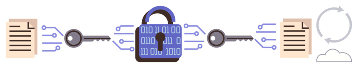 Wall Mural - Central lock with binary code, keys connecting two documents, and cloud renewal arrows. Ideal for security, encryption, technology, privacy, data transfer, cloud storage and cybersecurity concepts