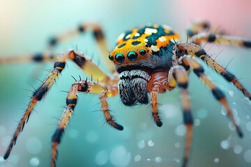 Macro close up of colorful spider with detailed hairy legs multiple eyes and patterned body against blurred background vibrant wildlife shot