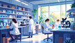 © Joko - Professional lab scientists at work. Microscopes and lab studies in progress. Modern lab with plant-filled workspace. Focused scientists working in lab. Research in a bright, spacious lab