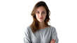 © Maestro - Young woman with brown hair and freckles smiles looking at camera, cut out transparent