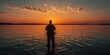 © muhammadarslan - Golden Hour Fishing: Man in Silhouette Wading and Casting in Lake Against a Stunning Sunset Sky with Radiant Sunrays