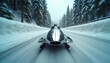 © Pete - Sleek bobsled races on icy winter track through snowy forest. Metallic sled glides fast on ice, athlete steers during competition. Dramatic motion captures speed and extreme sport thrill.