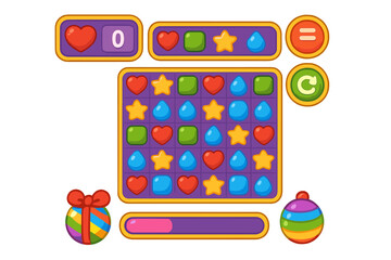 Match three puzzle game UI kit. Vector cartoon interface elements. Mobile app screen with colorful icons, buttons, progress bar. Flat design assets for casual video gaming.