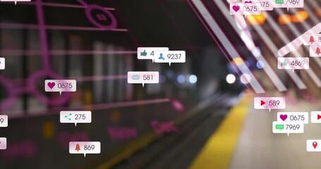 Wall Mural - Animation of digital processes and statistics over social media icons and train platform