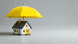© MdAl - Miniature house sheltered under a large yellow umbrella during heavy rain, concept of home protection and insurance, realistic