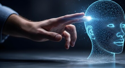 Human hand interacting with AI brain with digital interface in a modern futuristic concept