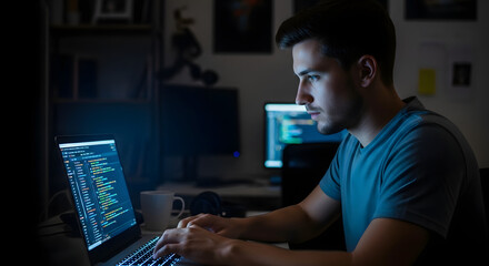 Young man coding on laptop at night in a dimly lit room