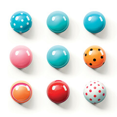 Set of bright glossy balls and balls on a white background. Colored balls. Multicolored balls. Collection of 3D balls, buttons, website.	