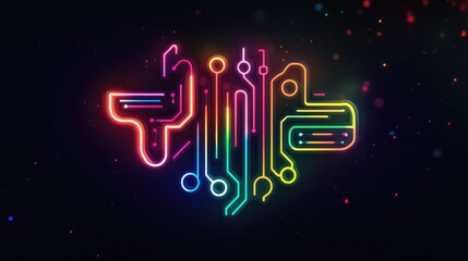 Vibrant Neon Circuit Board Design with Rainbow Glow and Bokeh Particles
