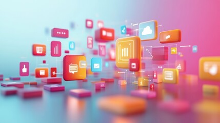 Abstract digital icons floating in a vibrant digital space