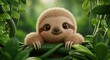 © Tanakorn - Cute animated baby sloth peeks out from lush green vines, looking charmingly into the viewer's eyes