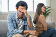 © Pormezz - Breakup and depressed, asian young quarrel couple love fight relationship in trouble. Different people are emotion angry. Argue wife has expression upset with husband. Problem of family people.