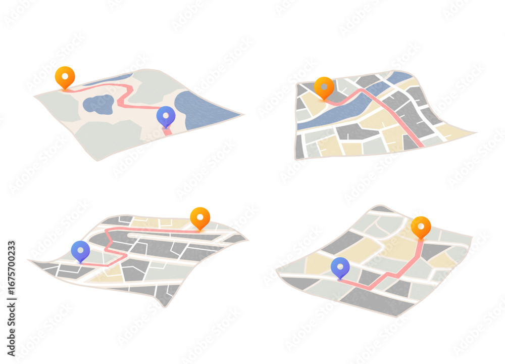 Vetor Set of 4 paper city layouts with location pins and routes. Paper ...