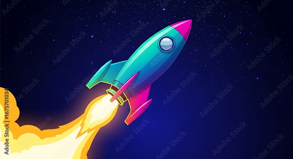 Cartoon rocket ship blasting off into space. Stock Photo | Adobe Stock