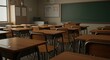 © Sameh - empty classroom, old-fashioned blackboard, wooden desks and chairs, sunlight streaming through windows, vintage schoolhouse atmosphere, nostalgic school setting, detailed interior, realistic lighting
