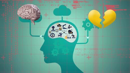 Wall Mural - animation of digital brain and heart over head with icons and data processing