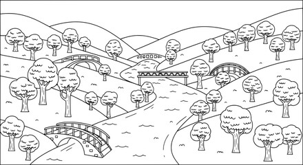  Scenic landscape with rivers bridges trees and hills with transparent background