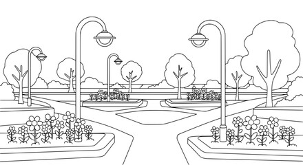 Park pathway with streetlights and trees with transparent background