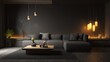© Intach - Dark living room at night with soft glowing lamps, grey sofa and wooden table, cozy modern interior creating intimate atmosphere