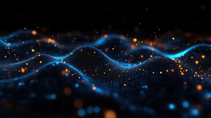 Abstract digital waves glowing with blue and orange particles creating a futuristic and dynamic light landscape
