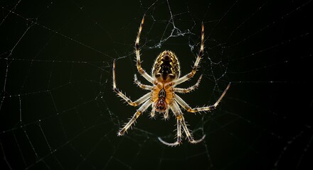 Close-up view of a spider with intricate patterned body, suspended in a meticulously crafted orb web against a dark background.