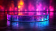 © Sandem - Empty glass podium on stage with colorful neon background lights