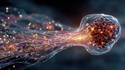 Primordial cell division with energy trails in water, ideal for microbiology themes, origin of life visuals, or educational content.
