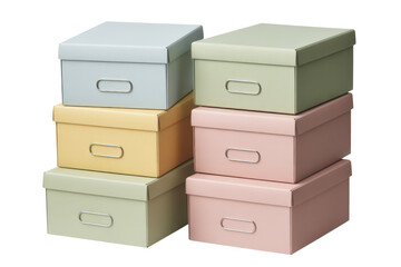 Wall Mural - Stack of six pastel-colored cardboard storage boxes with metal handles. background removed