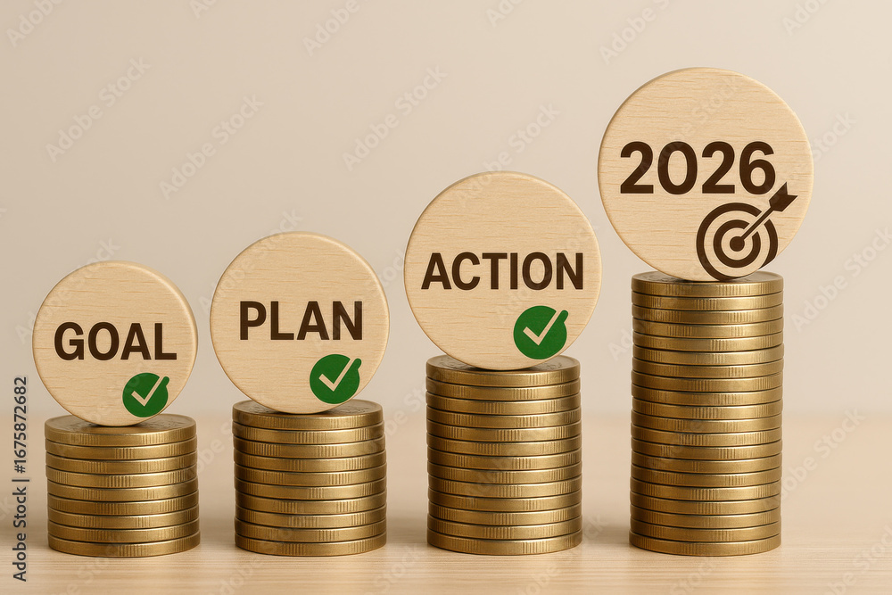 Goal plan action and target year 2026 on wooden discs with check marks ...