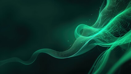 Wall Mural - Abstract Digital Background with Fluid Green Waves and Particle Motions in a Dreamy Atmosphere