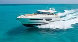 A luxurious motor yacht cruising swiftly through clear turquoise waters under a bright blue sky