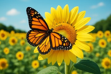 Wall Mural - monarch butterfly resting on vibrant sunflower in blooming field under clear blue sky on summer day,
