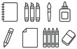 © peppastocker - Art supplies linear icon set. featuring notebook, markers, brush, glue, pencil, paper, crayons, and eraser