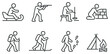 © peppastocker - Winter outdoor activities linear icon set. featuring sledding, shooting, curling, hiking, skiing, camping
