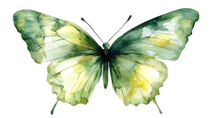 Wall Mural - Watercolor illustration of a delicate green butterfly on a white background.
