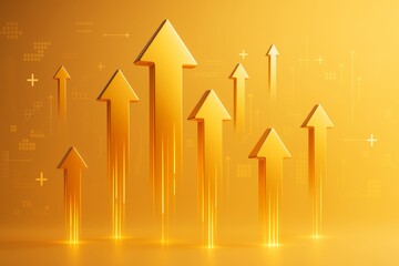 Wall Mural - multiple golden arrows pointing upward on a glowing yellow background symbolizing business growth an