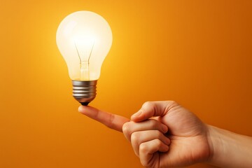 Wall Mural - human hand balancing glowing light bulb on fingertip on vibrant orange background, symbolizing innov
