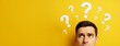 © Pixels Hunter - Confused man looking up at floating question marks on bright yellow background with space for text or design elements for creative concepts.