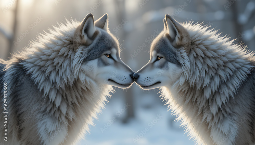 Two wolves face each other in a snowy winter forest, their fur blending ...