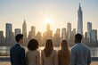 © Who is Danny - Group of diverse professionals looking at modern city skyline at sunrise, symbolizing ambition, unity, and a visionary state of mind. Ai generative